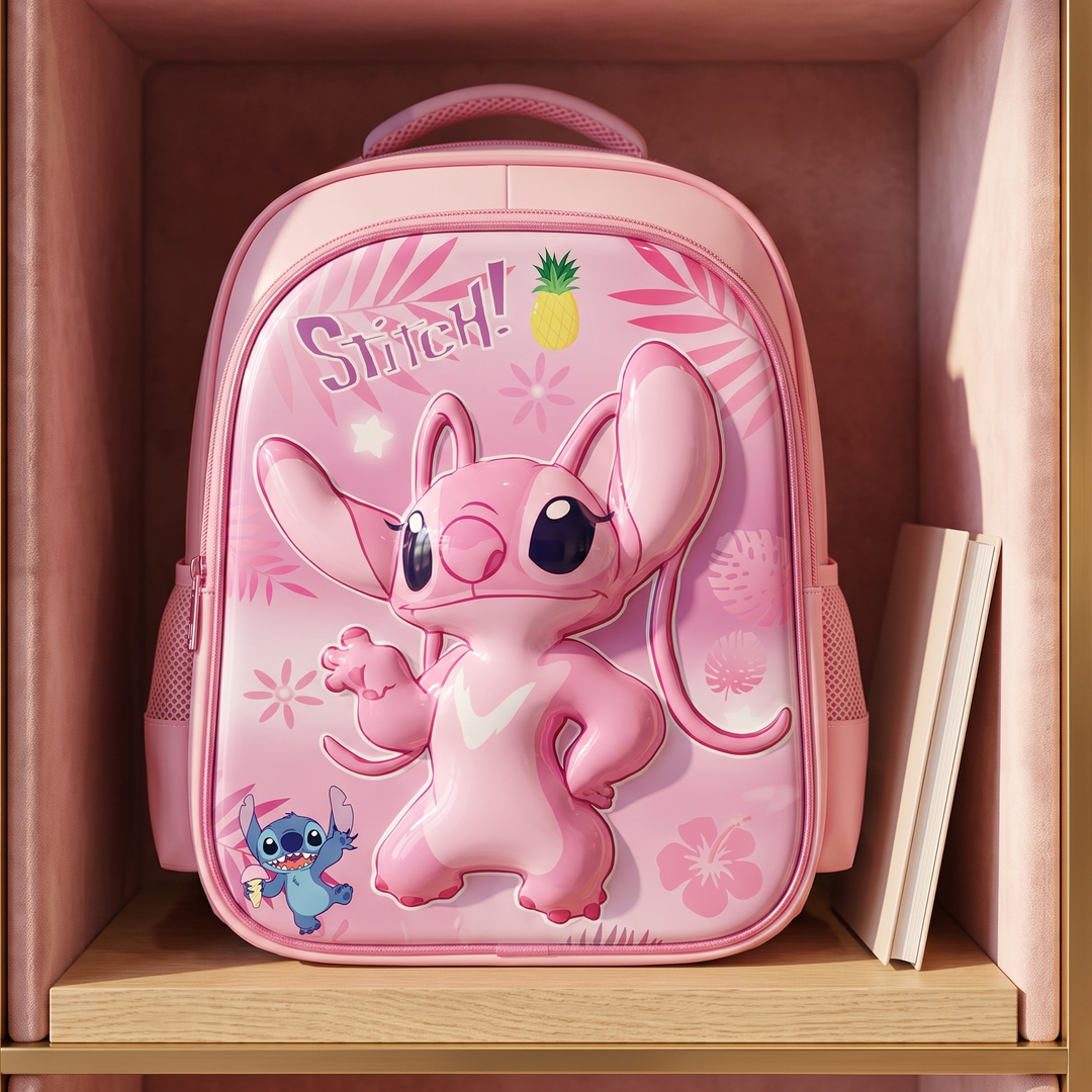 Morral escolar 3D Angel Stitch rosado vista 2