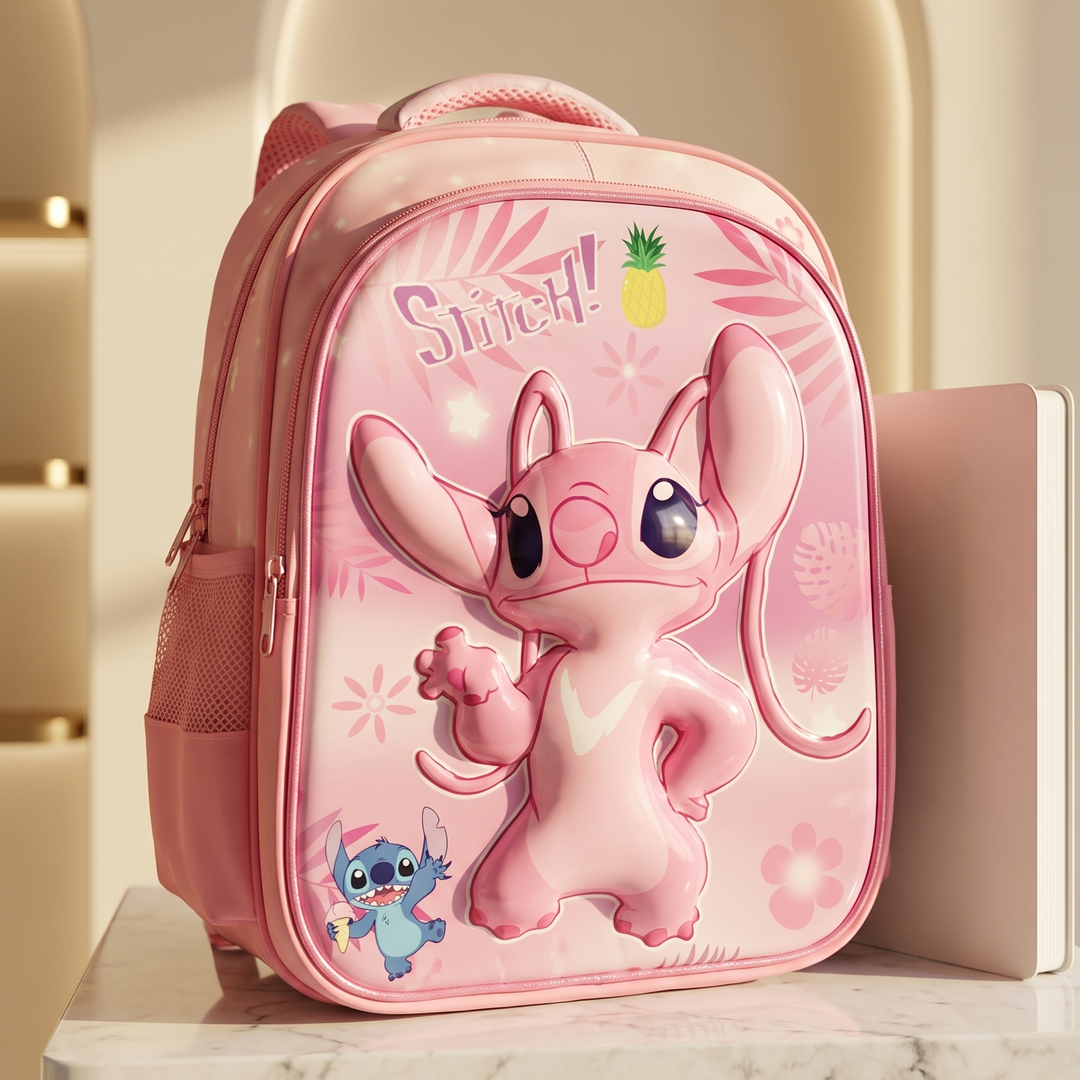 Morral escolar 3D Angel Stitch rosado