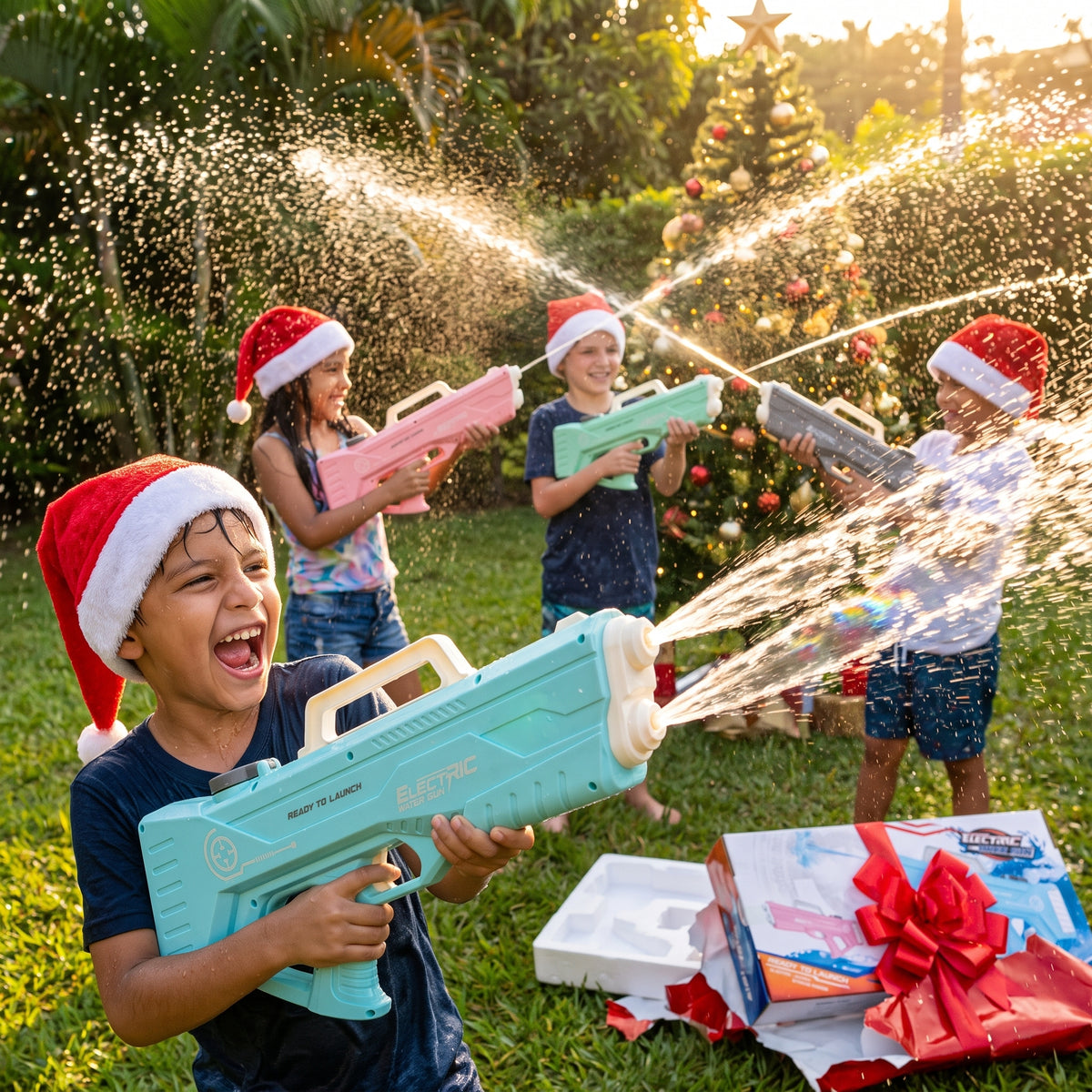 Niños jugando con pistolas de agua eléctricas en Navidad — 4 colores
