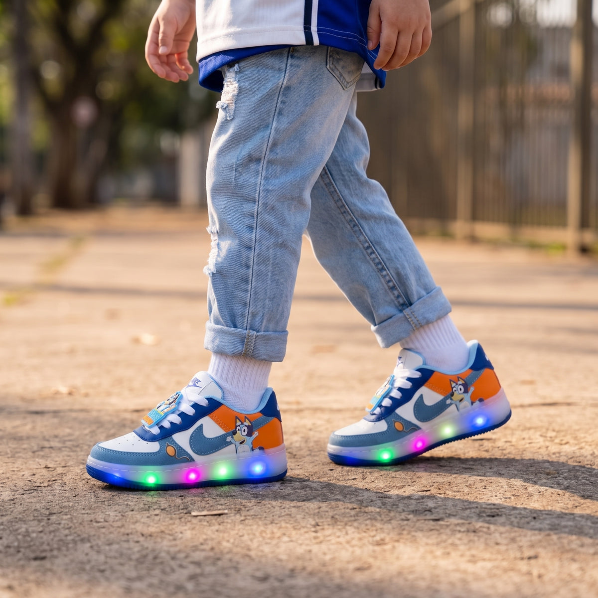 Tenis Azul con luces LED en uso - vista frontal