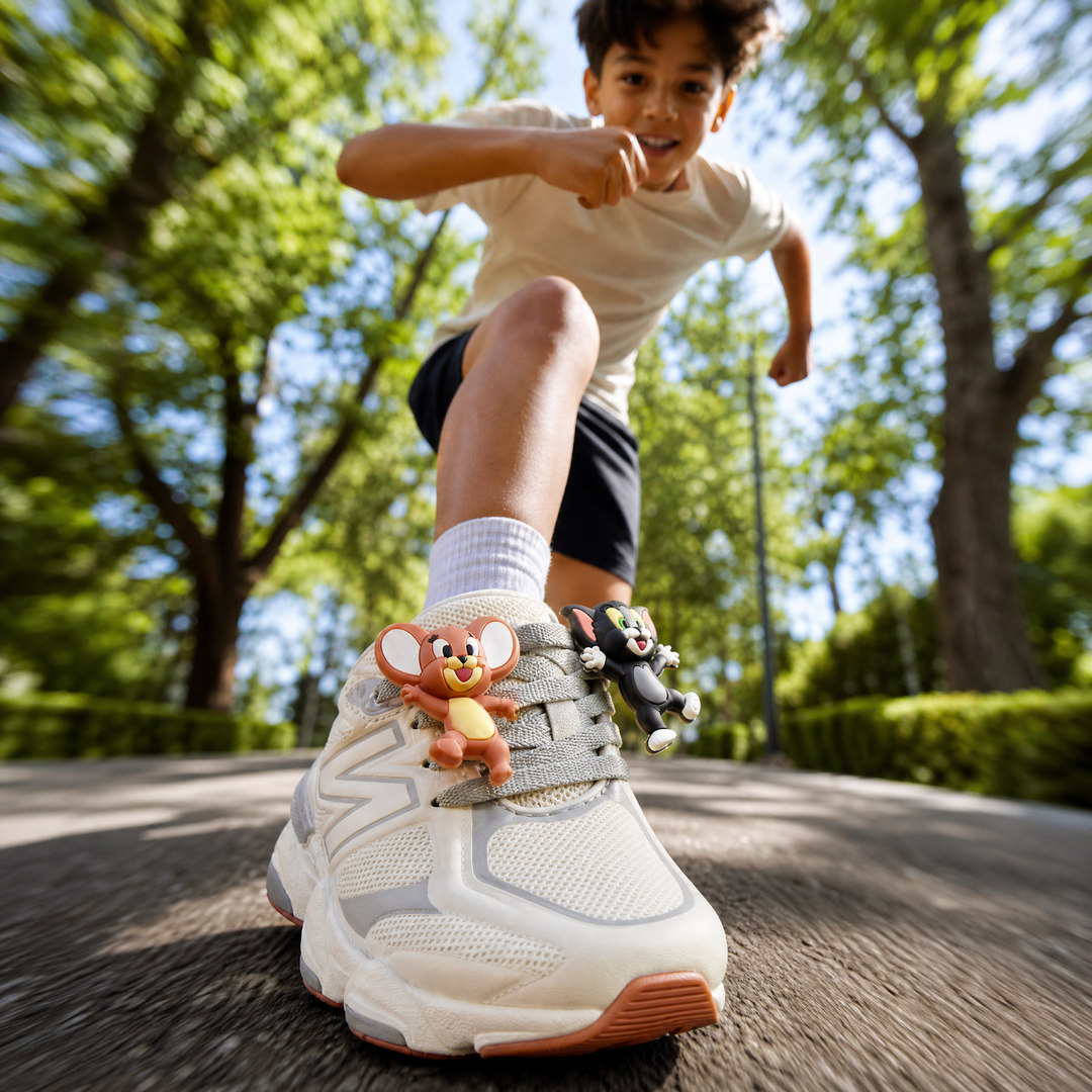 Niño corriendo en el parque con tenis Tom y Jerry