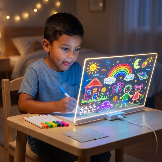 Niño jugando con el tablero de dibujo LED