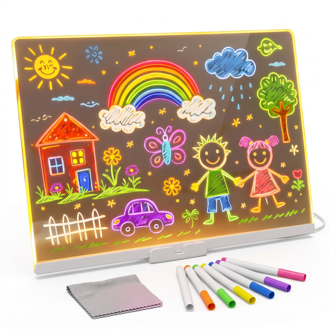 Tablero mágico de dibujo con luz LED encendido con dibujos de colores